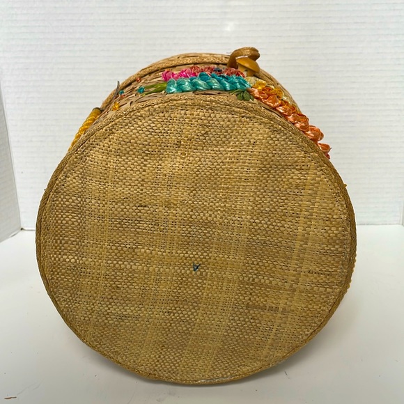 Vintage Mid Century Woven Straw Raffia Tropical Purse Beach Tote Picnic Basket - Picture 9 of 9